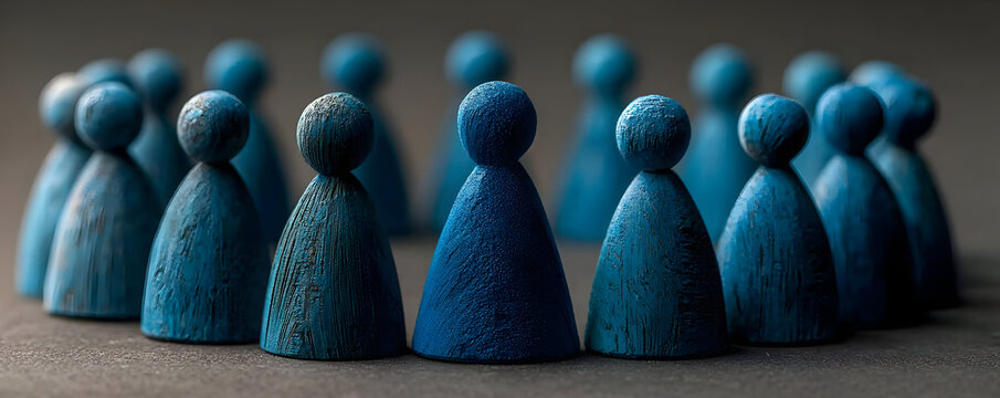 A close-up of blue wooden game pieces arranged in a circle, symbolizing teamwork, community, and collaboration in a strategic setting.