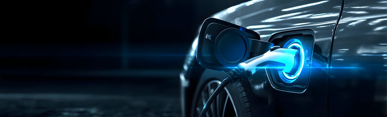A close-up shot of an electric car charging port, showcasing modern design and vibrant blue light. Ideal for technology and automotive enthusiasts.