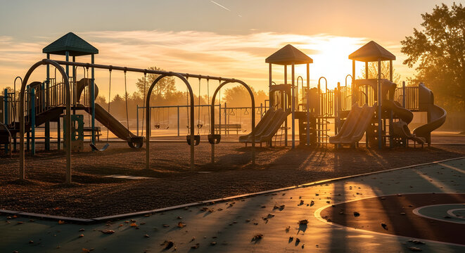 Empty playground at sunrise with golden light.