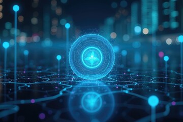 Digital sphere with abstract graphic design displayed over a futuristic network.