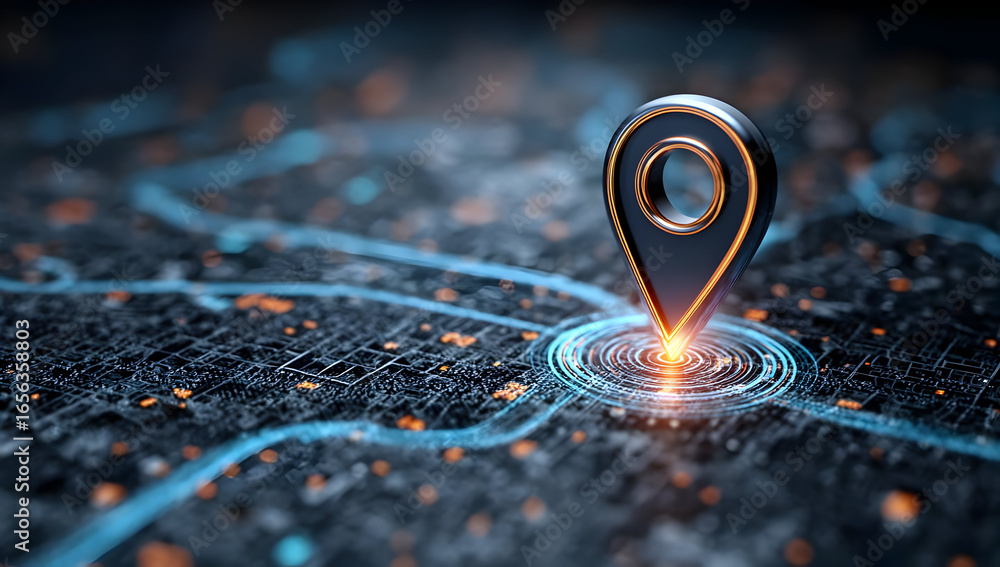 Poster a close-up view of a digital map with a glowing location pin, representing navigation and modern tec