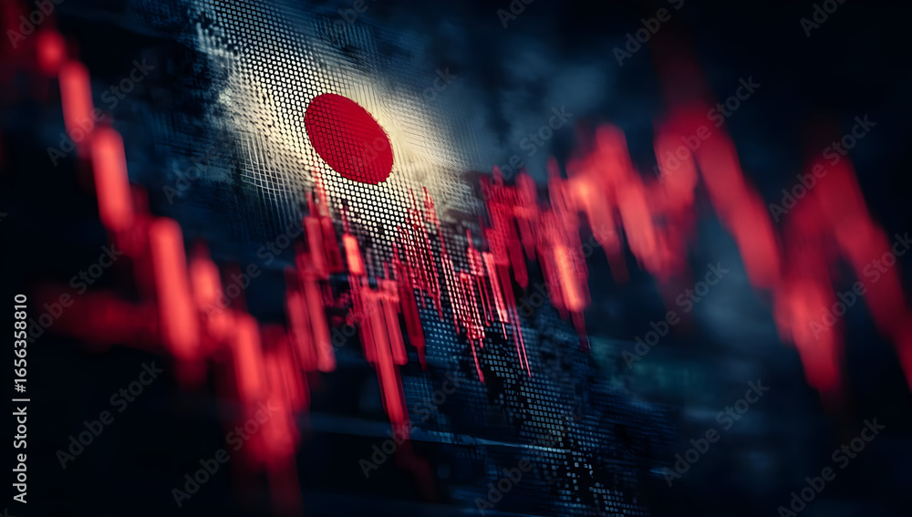 Poster a close-up view of a dynamic stock market graph with rising and falling red lines, symbolizing marke