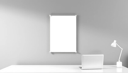 A gradient gray wall, featuring an ISO A poster mockup in a frameless acrylic mount, styled in a tech office with minimalist desk and laptop.