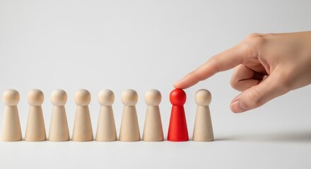 Hand choosing a red figure from a row of wooden figures isolated on white background