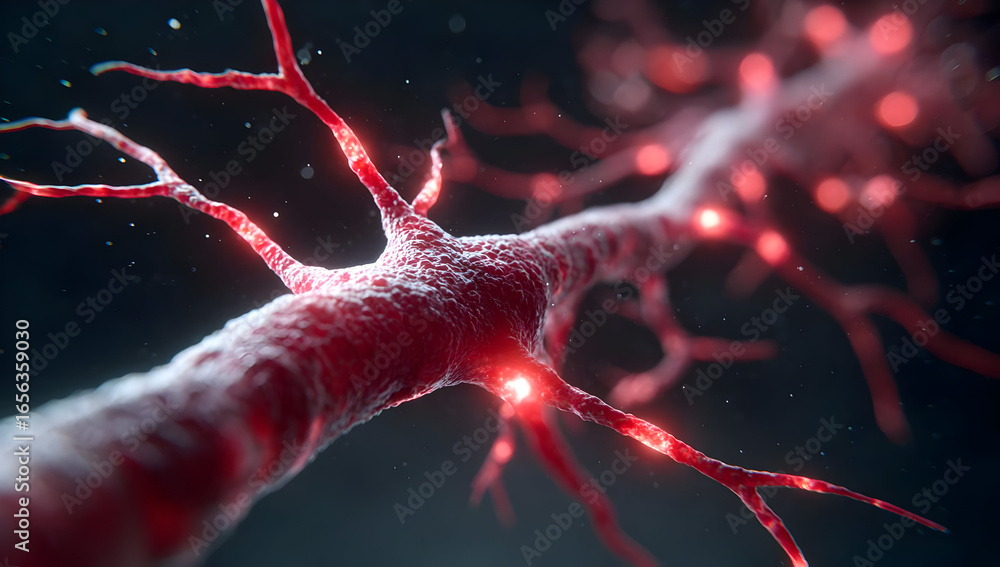 Poster a close-up view of a nerve cell, showcasing intricate structures with vibrant red hues and glowing e
