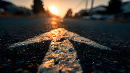 A close-up view of a road marking with an arrow leading towards the sunset, showcasing a peaceful journey awaiting ahead.
