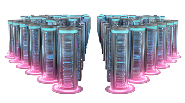 A futuristic data center with rows of glowing servers, symbolizing the future of data storage