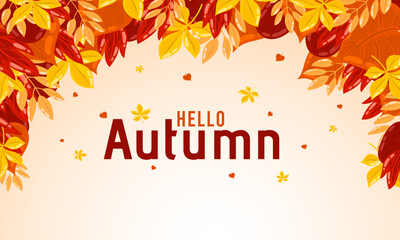 Hello Autumn seasonal  banner with leaves, mushrooms, floral elements and autumn attributes. Vector illustration