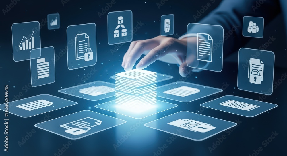 Poster digital data management and technology concept with glowing icons