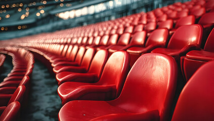 A close-up view of empty red stadium seats arranged in neat rows, capturing the anticipation of a live sports event waiting for fans to fill the space.