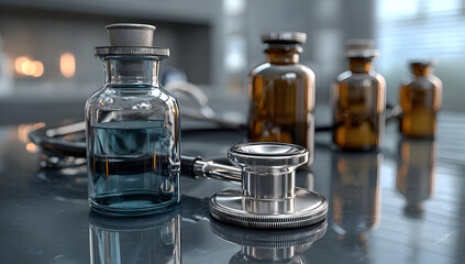 A close-up view of medical vials and a stethoscope on a reflective surface, symbolizing innovation in healthcare and the importance of medical research.