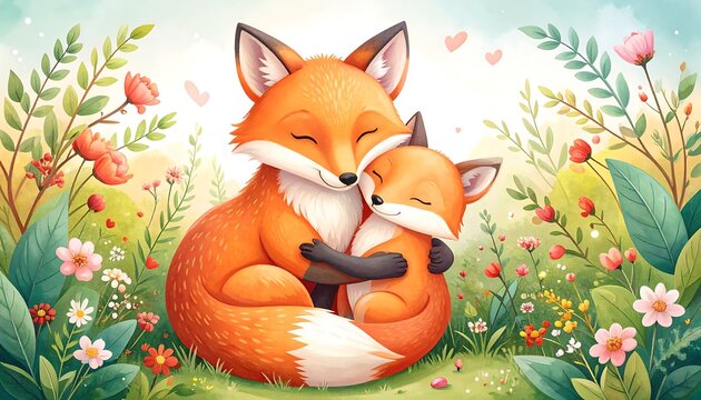 Fox Mom  Kit Hugging in Flowers.