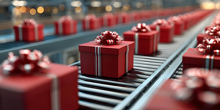 A close-up view of red gift boxes with bows moving along a conveyor belt in a warehouse, symbolizing the packaging and distribution of holiday gifts.