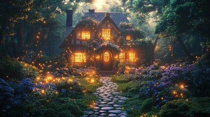 Enchanting cottage in a mystical forest at twilight
