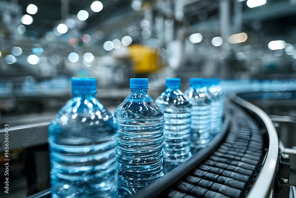 Poster a close-up view of water bottles on an assembly line, showcasing the bottling process in a modern fa