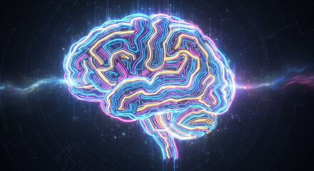 Digital brain illustration with glowing lines representing neural networks and connections