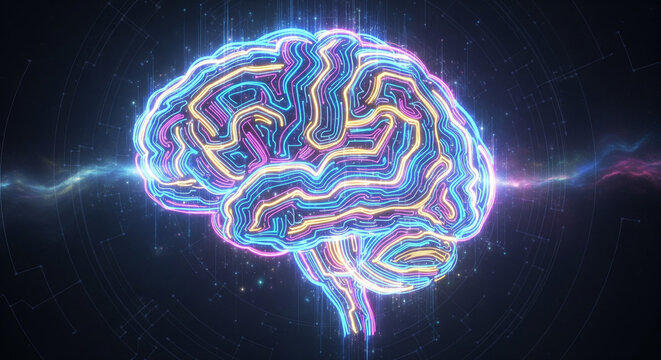Digital brain illustration with glowing lines representing neural networks and connections