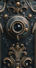 Ornate doorbell, dark metal with gold accents