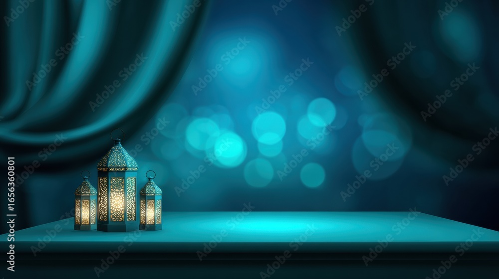 Poster elegant lanterns illuminate serene setting, surrounded by deep teal curtains and soft bokeh backgrou