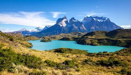 Vibrant lake view with mountains afar