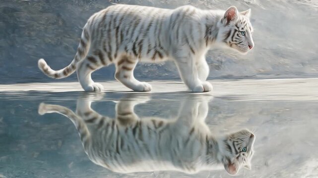 A graceful white tiger cub, its reflection mirroring its every move, captivatingly portrays the beauty of nature's artistry.