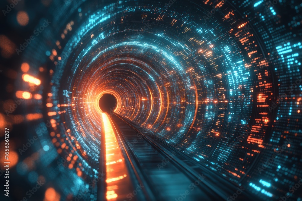 Poster exploration of abstract data tunnels showcasing vibrant code spirals in minimalistic design