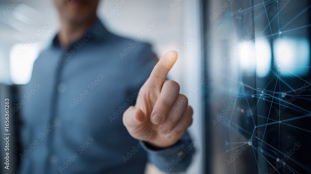 Poster security engineer interacts with digital interface, showcasing advanced technology and connectivity.