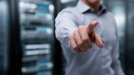 Security engineer points confidently at transparent glass surface, showcasing expertise in technology and data management within server room environment