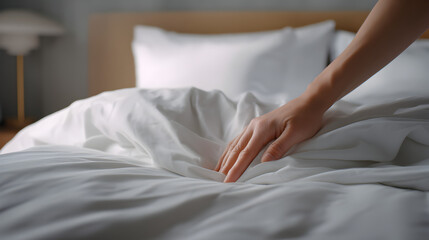 Close up of hand touching white bed sheet in a bright bedroom in the morning light