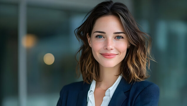 A confident businesswoman smiling in a modern office setting, showcasing professionalism and approachability in a corporate environment.