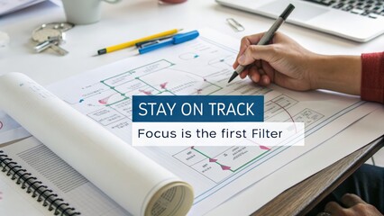 Hand writing on architectural plans with tools and laptop in bright workspace