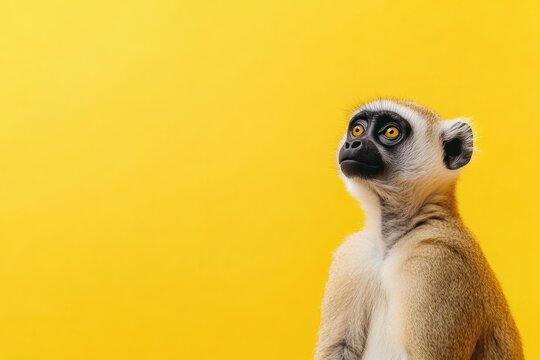 Curious monkey gazing against a bright yellow background perfect for meme creation