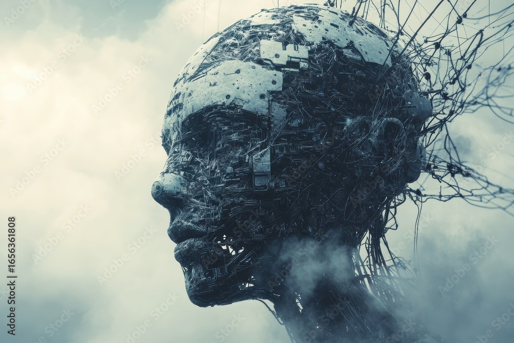 Poster exploring the concept of artificial intelligence as a digital deity with a futuristic abstract form