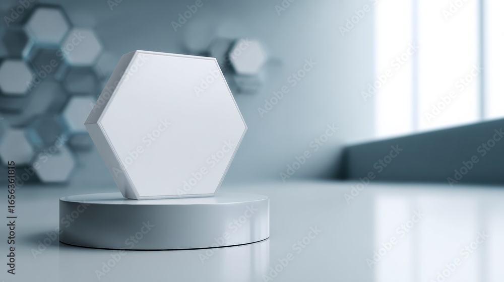 Aufkleber modern hexagonal display stand is positioned circular base, set against backdrop of subtle hexagonal
