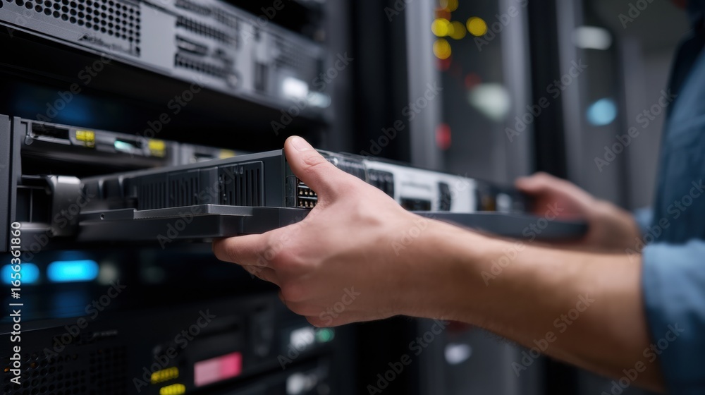 Aufkleber technician replacing hot swap drive in server rack, showcasing precision and technical skill in data