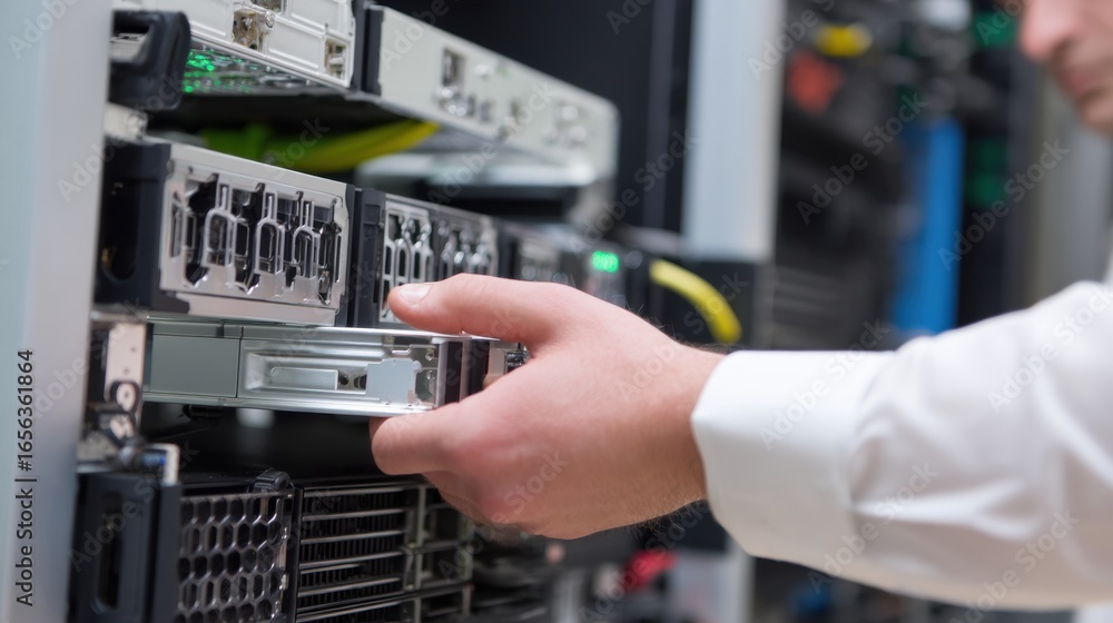 Aufkleber technician is replacing hot swappable drive server rack, showcasing precision and technical skill da