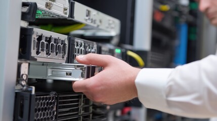 Technician is replacing hot swappable drive server rack, showcasing precision and technical skill data center environment. scene highlights modern technology and efficient maintenance practices