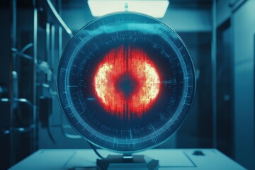 Biometric scanning animation showing advanced retina recognition technology in a secure lab