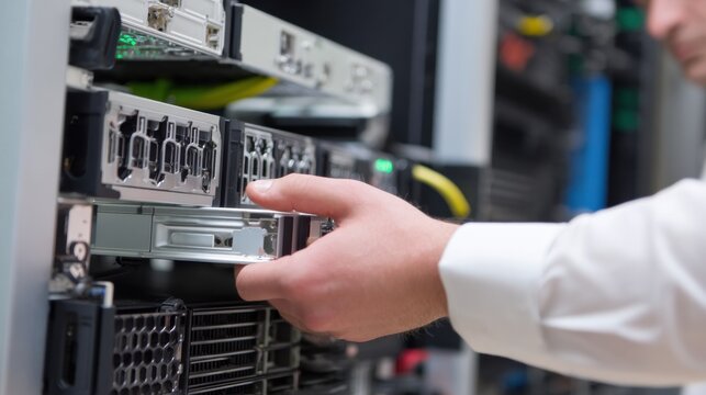 Technician is replacing hot swappable drive server rack, showcasing precision and technical skill data center environment. scene highlights modern technology and efficient maintenance practices