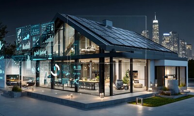 A modern house displays interactive data overlays, solar panels, and a cityscape at night. Inside shows a stylish living room and dining area - Powered by Adobe
