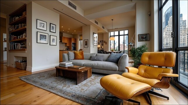 Salon moderne avec fauteuil cuir et canape gris dans appartement