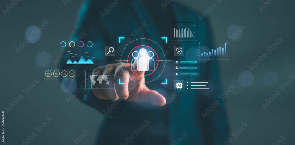 Poster businessman using ai-powered customer targeting interface with analytics, data charts, and user segm