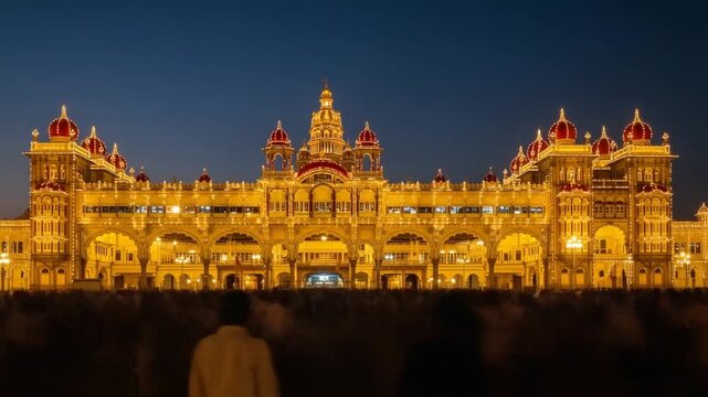 Illuminated Mysore Palace at Night with Golden Light Accents and Dark Blue Sky in India with People Glimpsed at Base and Detailed Architecture