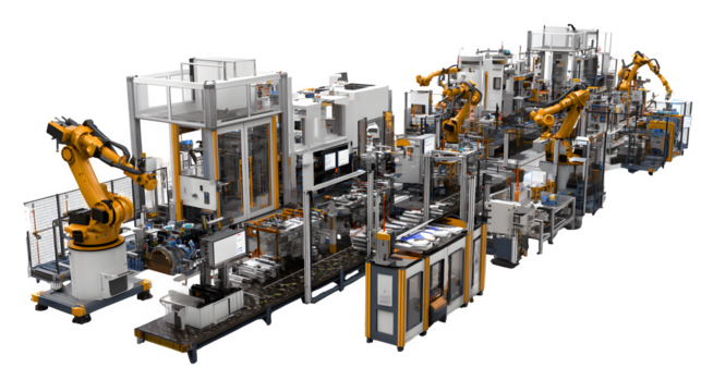 A high-tech factory assembly line with robots autonomously performing complex tasks