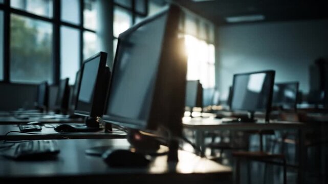 Empty computer lab displays, showcasing rows of silent desktops.