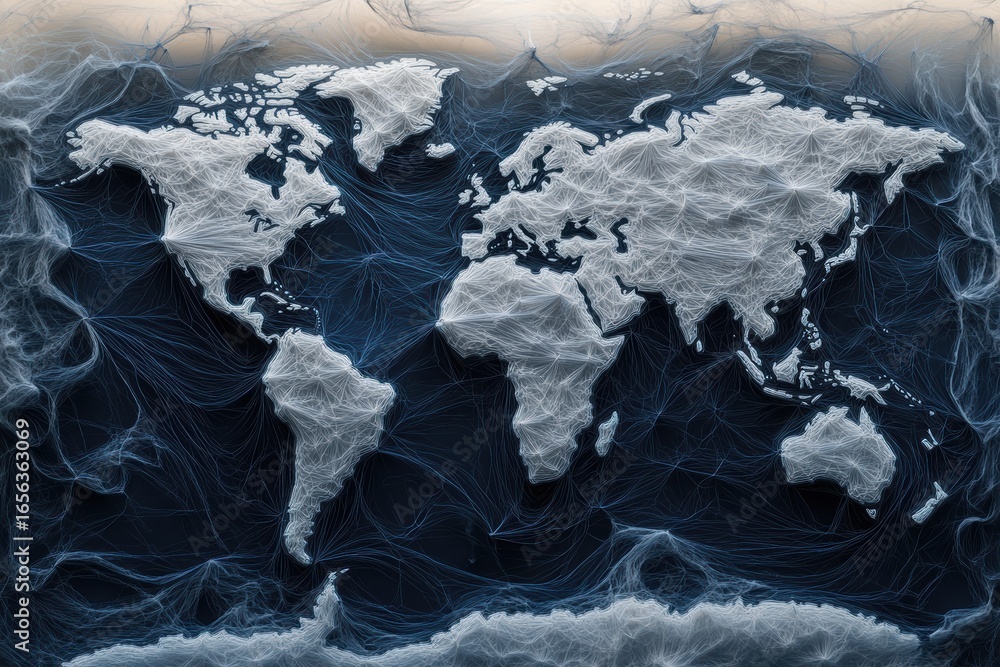 Aufkleber global connectivity represented through a digital world map with neural network lines