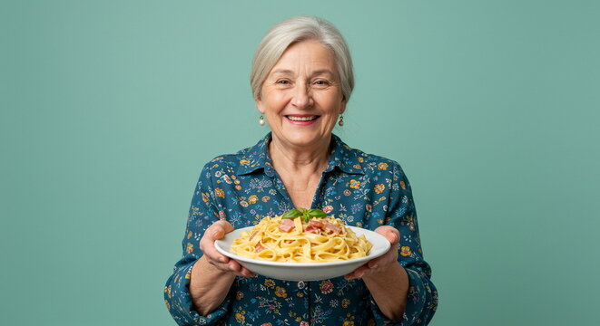 Senior Woman Serving Delicious Pasta Carbonara