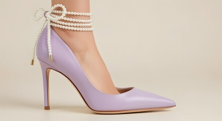 lavender-colored high heel pump with pearls tie