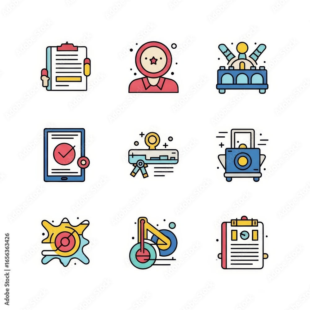 Poster collection of colorful flat design icons representing various concepts and tasks