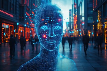 Facial recognition technology scanning pedestrians in a vibrant urban environment